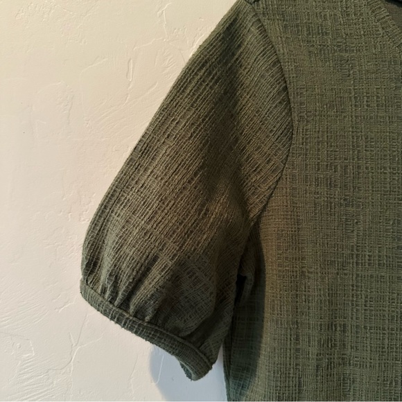 Madewell Crosshatch Puff-Sleeve Faux-Wrap Mini Dress Olive Green - Picture 6 of 11